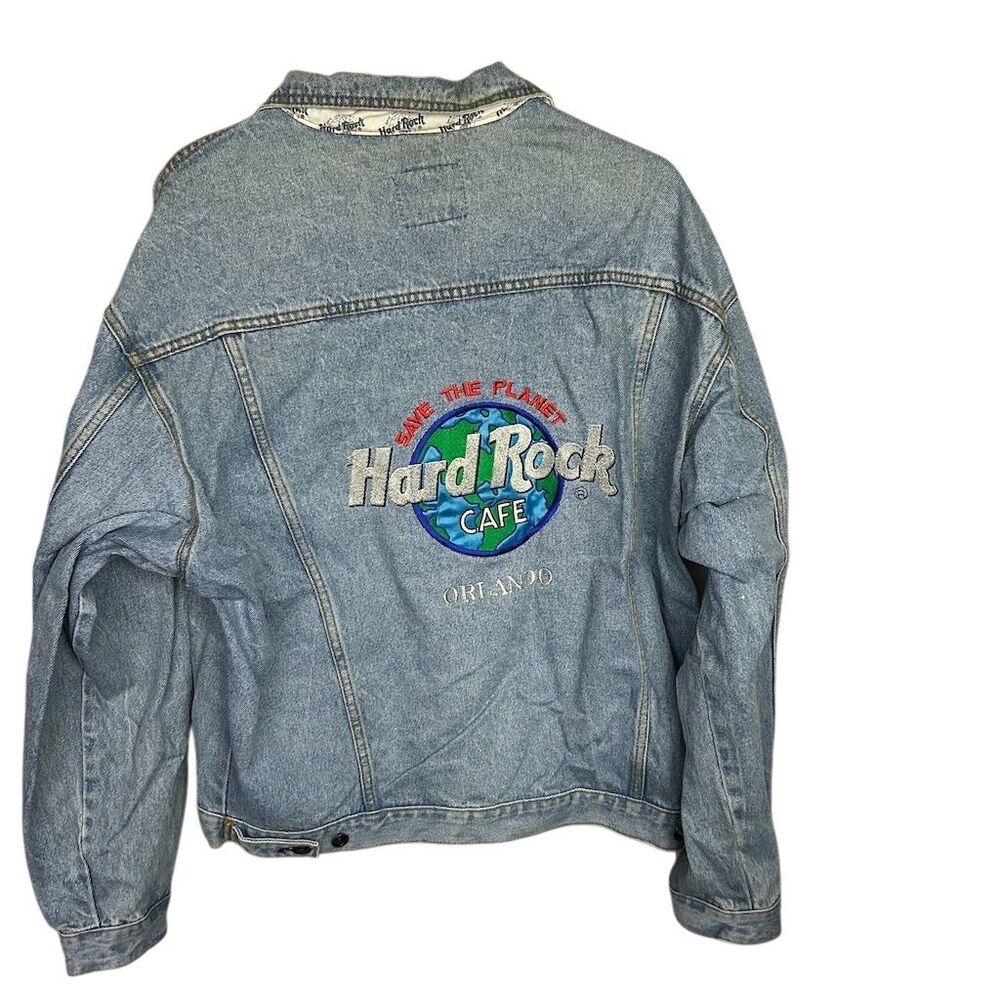 Vintage Hard Rock Cafe Orlando Unisex XL Blue Denim Bomber Jacket Music Flawed - Picture 2 of 16